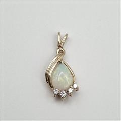 14K Yellow Gold Elegant Pear Cabochon Opal & Diamond Accent Teardrop Pendant